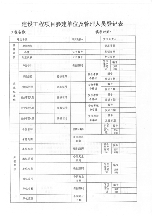 建设工程项目参建单位及管理人员登记表